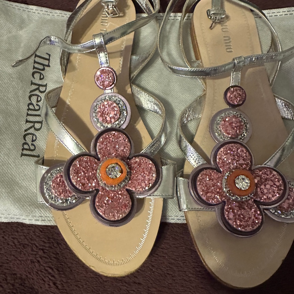 Miu Miu Pink and Silver Floral Sandals